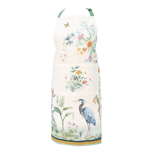 Keukenschort "Birds in Paradise" van Clayre & Eef met reigers, bloemen en groene accenten op een beige achtergrond.
