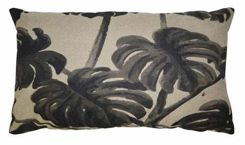 Kussen Wildernis van Rox Living, zwart en beige ontwerp van bladeren, 50x30 cm.