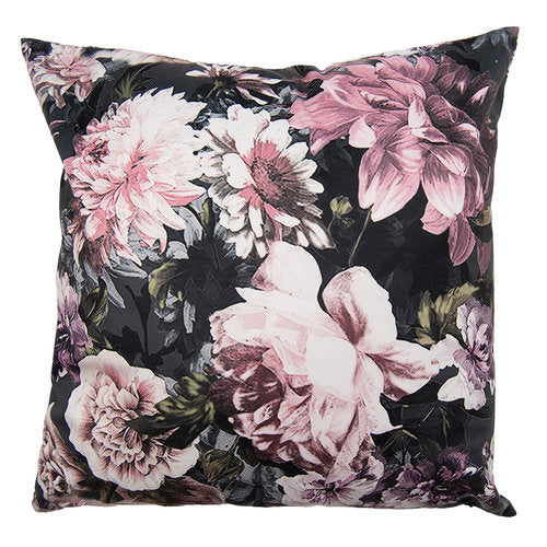 Kussenhoes zwart met roze rozen, 45x45 cm, van 100% polyester.
