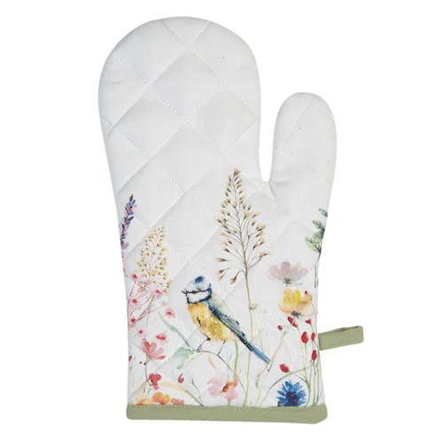 Wit-groene ovenwant met koolmeesje, 100% katoen, 18x30 cm, Clayre & Eef