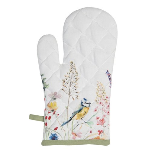 Wit-groene ovenwant met koolmeesje, 100% katoen, 18x30 cm, Clayre & Eef