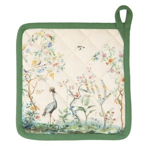 Birds in Paradise pannenlap van Clayre & Eef, beige met groen en wit patroon, 100% katoen, 20x20 cm