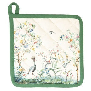 Birds in Paradise pannenlap van Clayre & Eef, beige met groen en wit patroon, 100% katoen, 20x20 cm