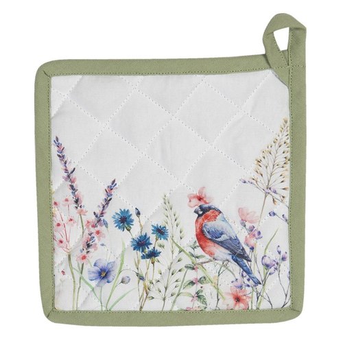 Wit-groene pannenlap met vogel en wildbloemen, 100% katoen, 20x20 cm, Clayre & Eef