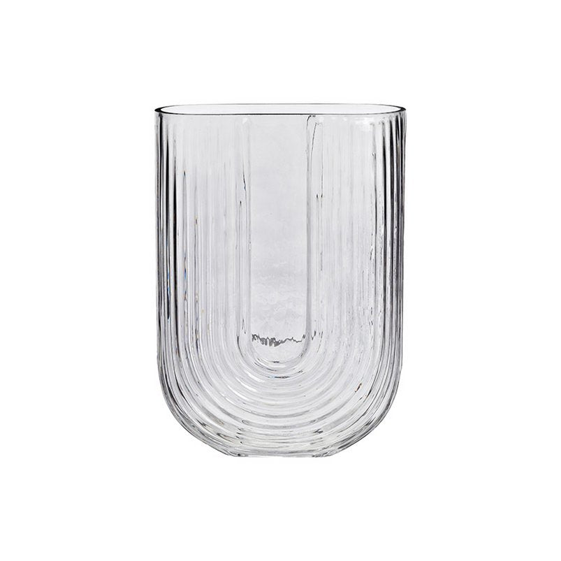 Grijze glazen vaas in U-vorm, modern en minimalistisch design.
