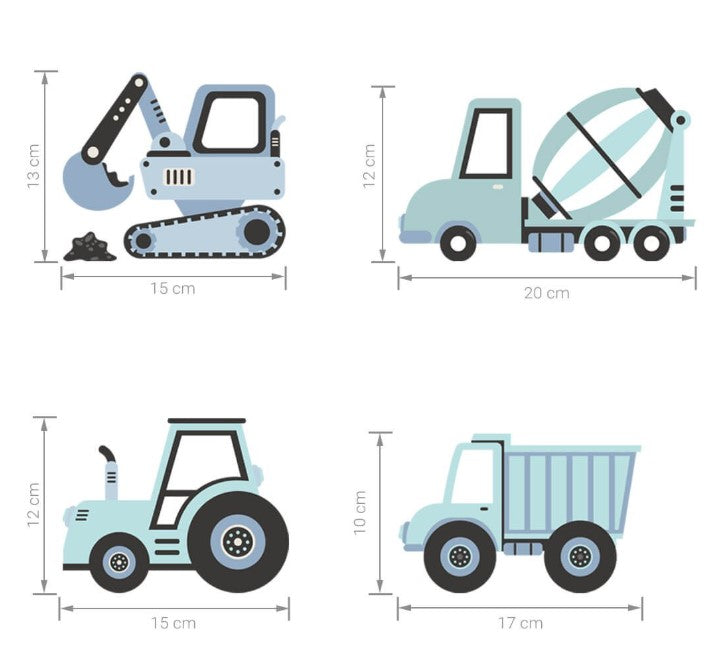 Set van 12 blauwe muurstickers met bouwvoertuigen, waaronder graafmachines, tractoren, kiepwagens en betonmixers, voor de kinderkamer.