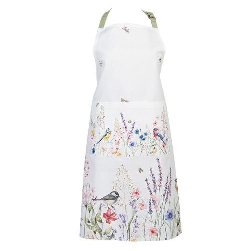 Wit en groen keukenschort van Clayre & Eef met print van wildbloemen en vogels, ideaal voor een landelijke keuken.