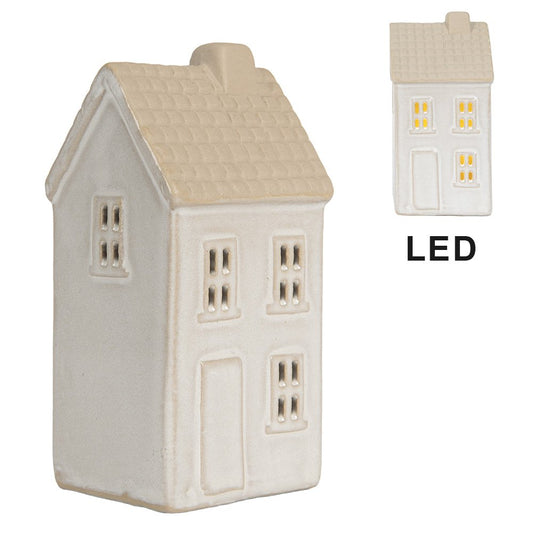 Beige decoratief LED huisje van Clayre & Eef met warm licht, perfect voor kerstdecoratie en sfeervol interieur