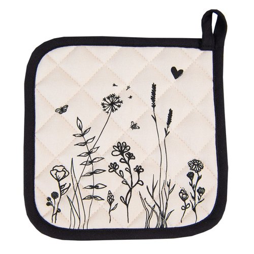 Beige pannenlap van Clayre & Eef met wildbloemen en vlinderprint, ideaal voor veilig koken en bakken.