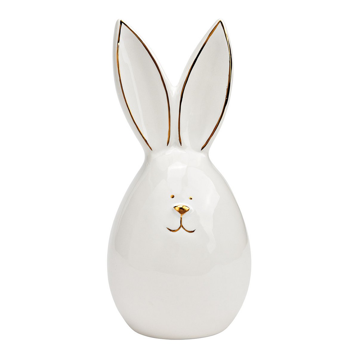 Paas konijn van wit keramiek in de vorm van een ei met gouden randje – decoratie voor Pasen, lente en voorjaar.