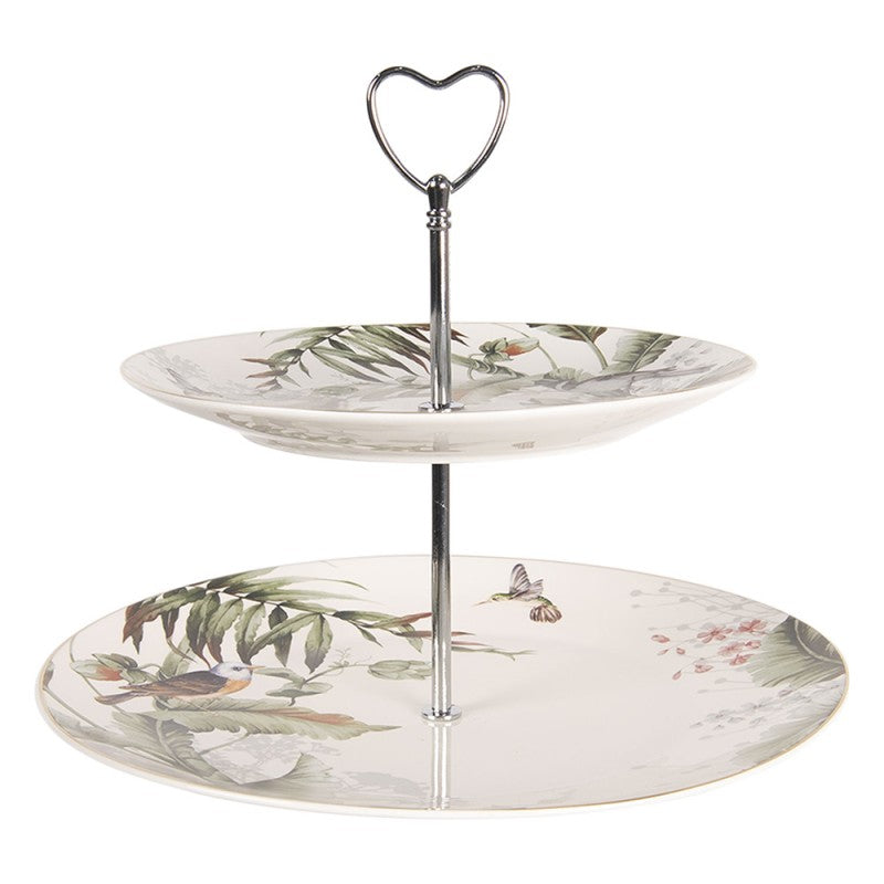 Etagère 2-laags Botanical Birds van Clayre & Eef - porseleinen etagère met bloemen- en vogelpatroon, ideaal voor high tea, cupcakes en hapjes