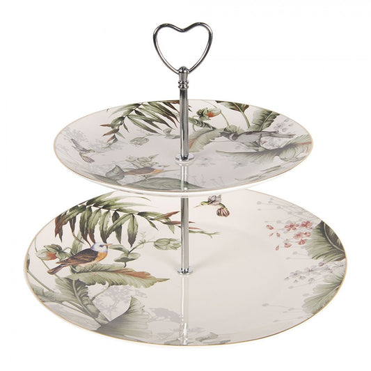 Etagère 2-laags Botanical Birds van Clayre & Eef - porseleinen etagère met bloemen- en vogelpatroon, ideaal voor high tea, cupcakes en hapjes