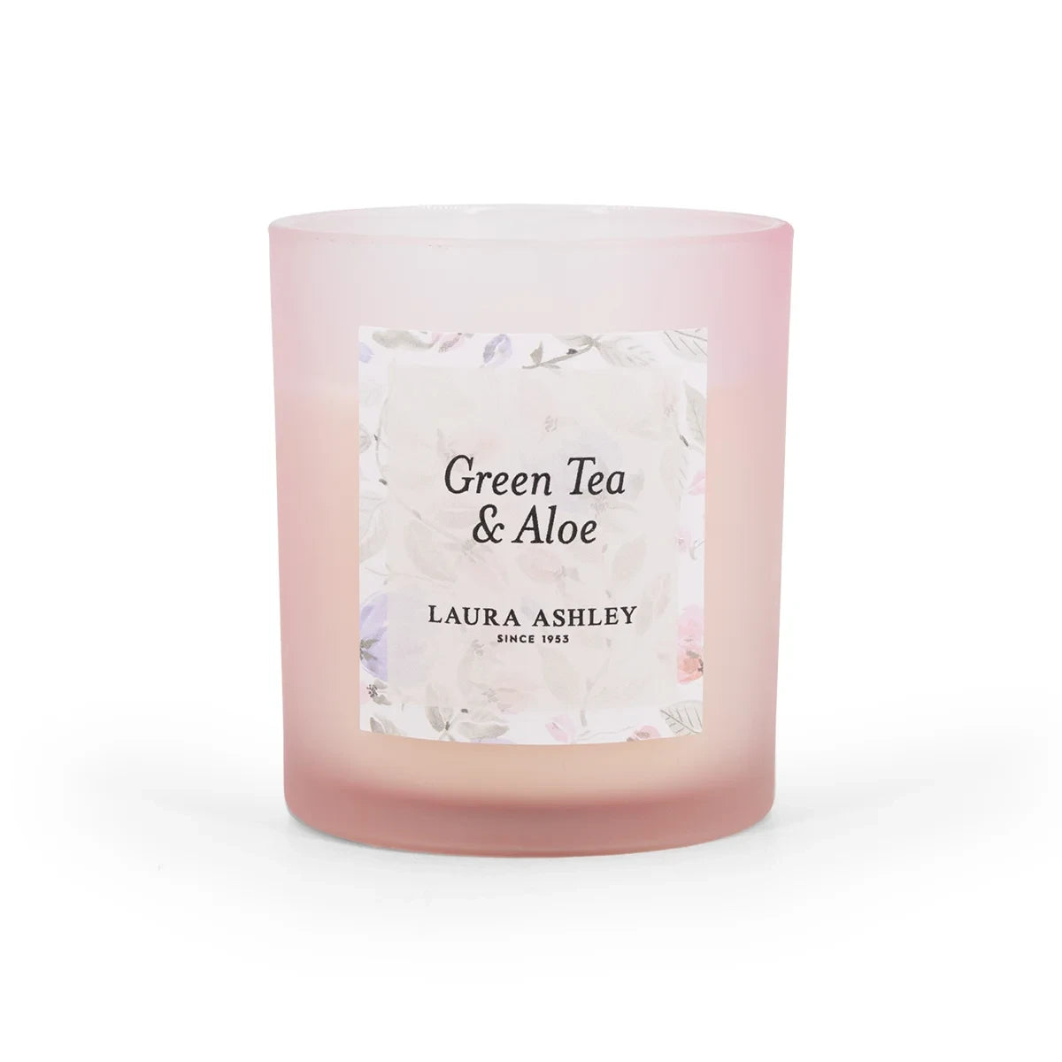 Laura Ashley geurkaars Green Tea & Aloe Vera – roze geurkaars met frisse geur voor sfeer en rust in huis.