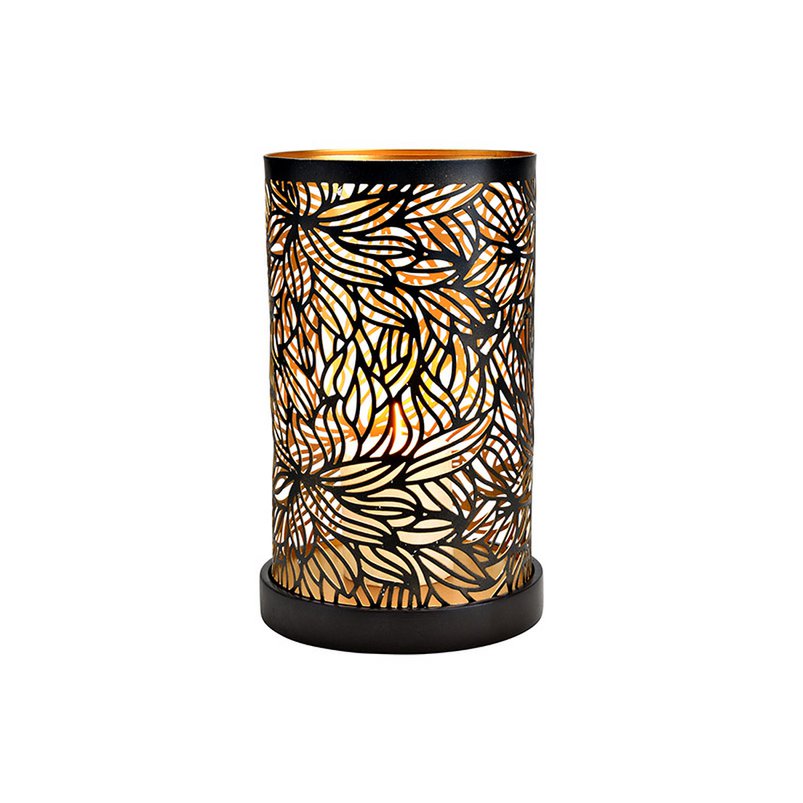 Grote zwarte lantaarn met bloemendecor en mangohouten voet voor een romantische sfeer.