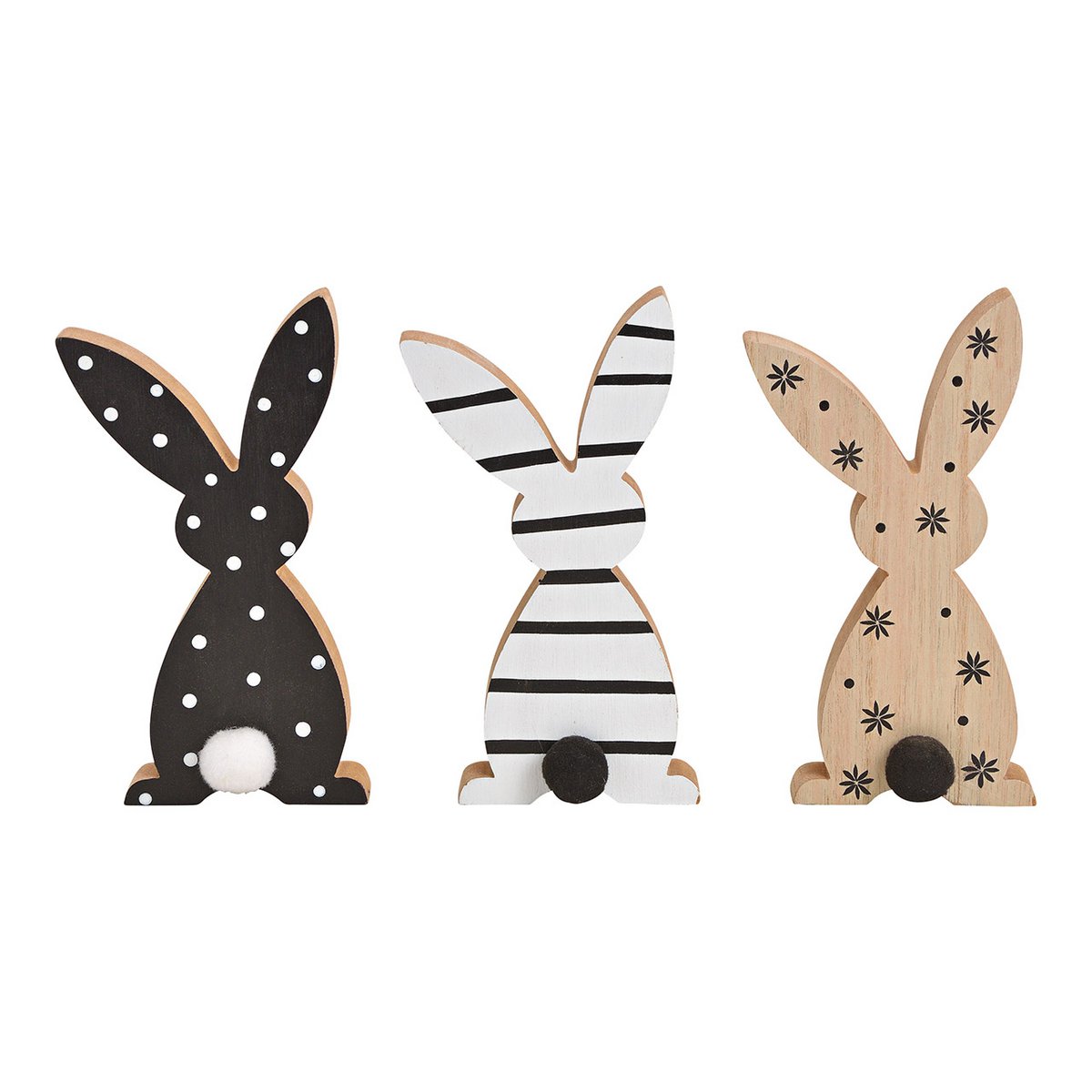 Set van 3 houten konijntjes in zwart-wit met stippen, strepen en sterren – decoratie voor Pasen en het voorjaar.