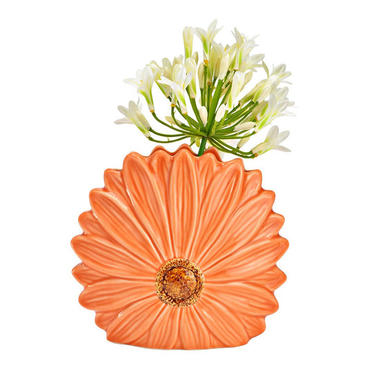 Oranje keramieken vaas in de vorm van een Gerbera bloem, decoratief woonaccessoire.