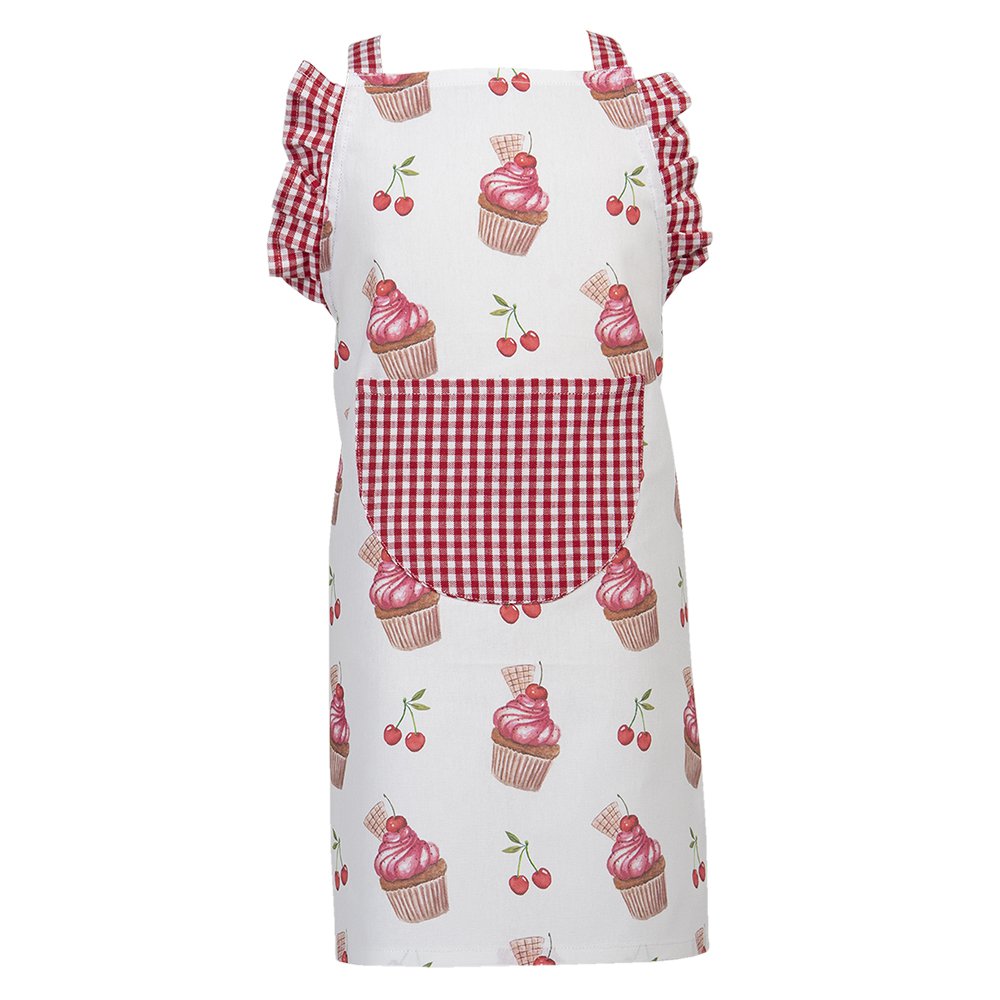 Clayre & Eef kinderkeukenschort met kersen en cupcakes, katoenen schort in landelijke stijl, wit en roze, ideaal voor bakken met kinderen.