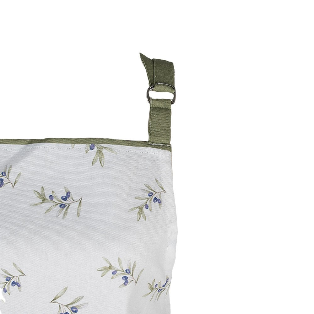 Clayre & Eef keukenschort met olijven en groene bladeren, katoenen schort in landelijke stijl, wit met groene details.