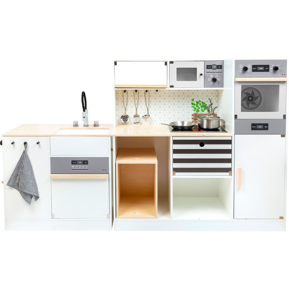 Kinderkeuken XL in zwart-wit design met fornuis, koelkast, wasmachine en pannenset, perfect voor kinderen en peuters om creatief te spelen.