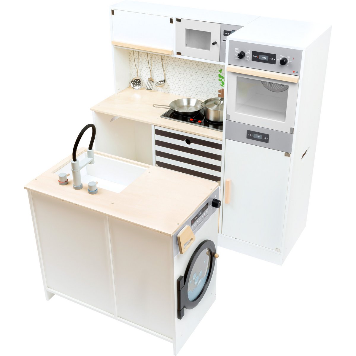 Kinderkeuken XL in zwart-wit design met fornuis, koelkast, wasmachine en pannenset, perfect voor kinderen en peuters om creatief te spelen.