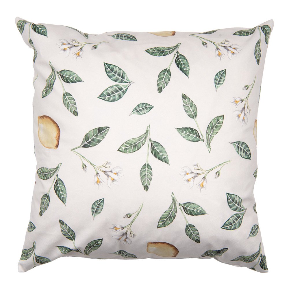 Clayre & Eef kussenhoes met citroenen, groene bladeren en beige achterzijde met stippen, zomers en mediterraans design.
