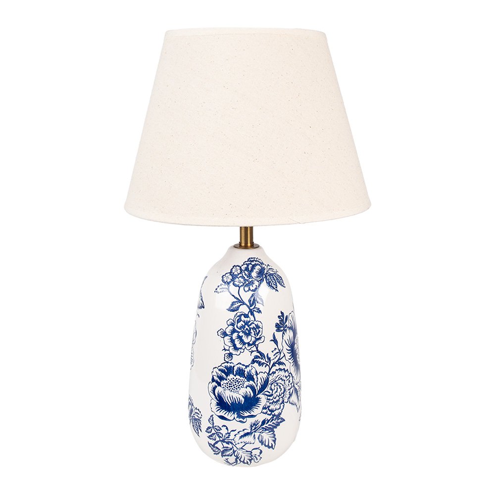 Keramieken tafellamp met Delftsblauwe bloemen en beige kap – landelijke stijl van Clayre & Eef.