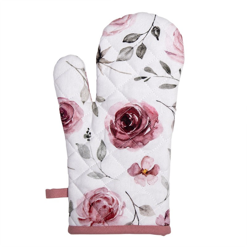 Clayre & Eef ovenwant Rustic Rose met rode rozen, bladeren en landelijke stijl van katoen