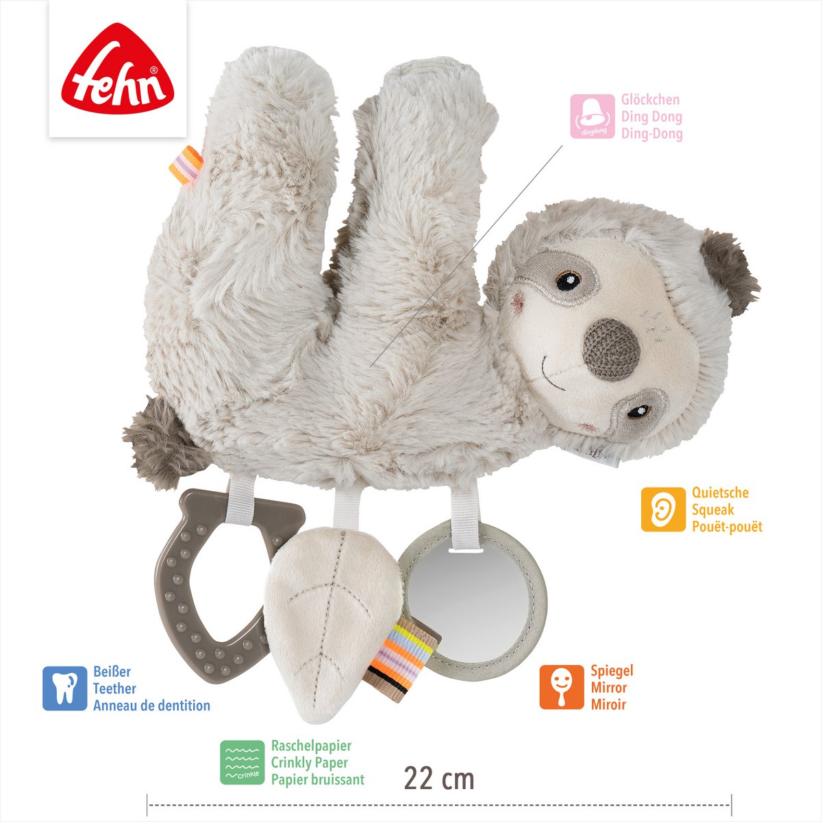 Wagenspanner met luiaard van Fehn met belletjes, pieper, knisperpapier, bijtringen en spiegel, geschikt voor kinderwagen of autostoeltje.