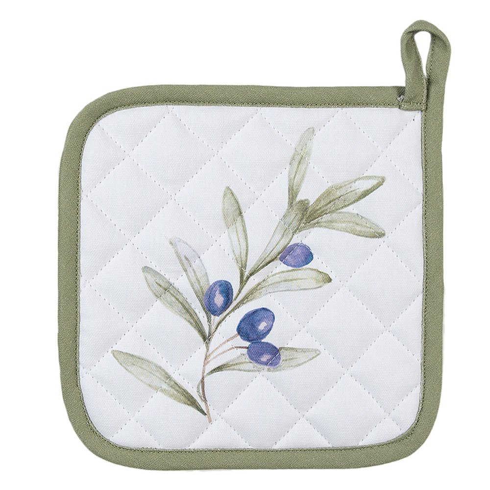 Clayre & Eef pannenlap met olijven en groene bladeren, katoenen pannenlap in landelijke stijl, wit met groene details.