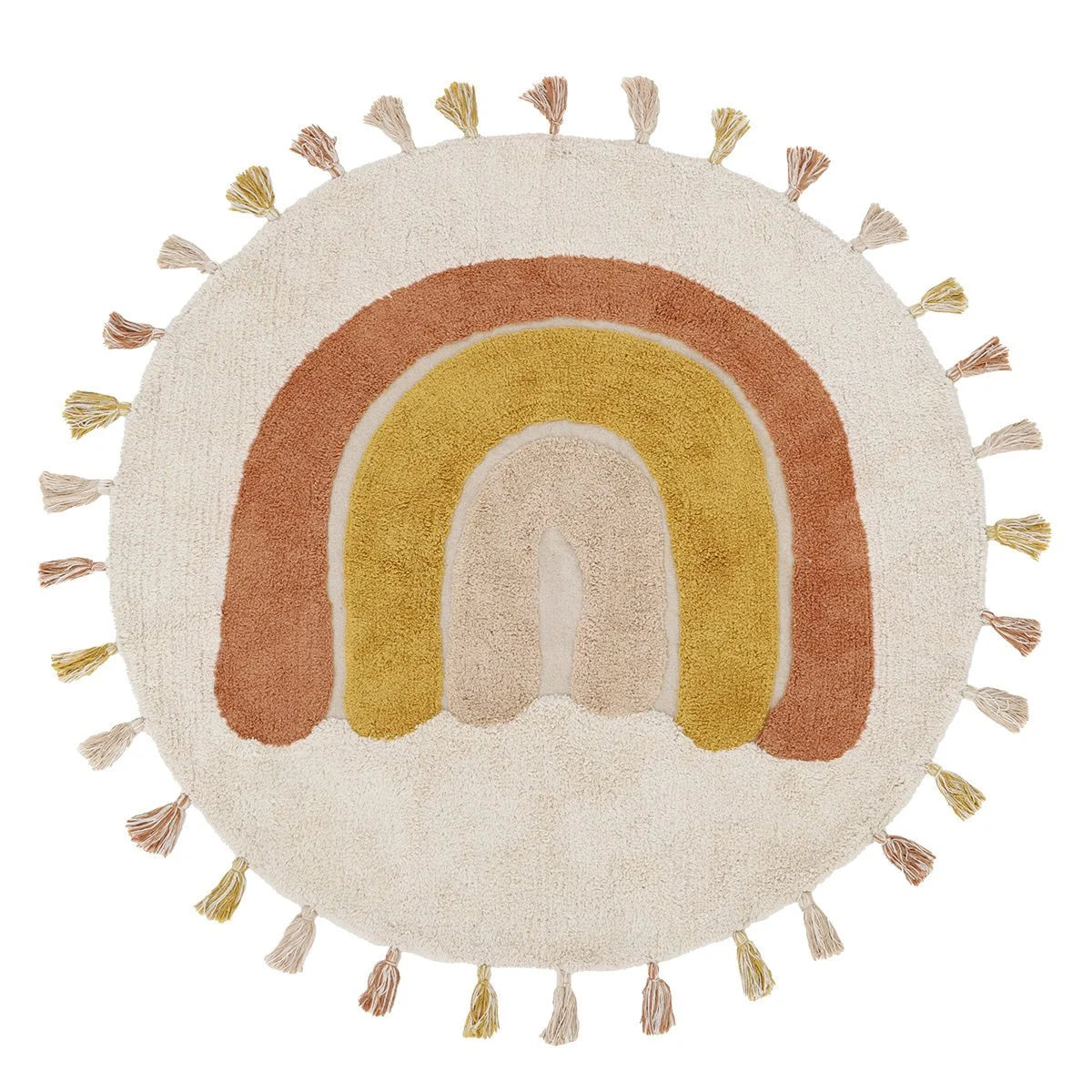 Rond vloerkleed met regenboog in beige, geel en bruin – ideaal voor kinderkamer of babykamer