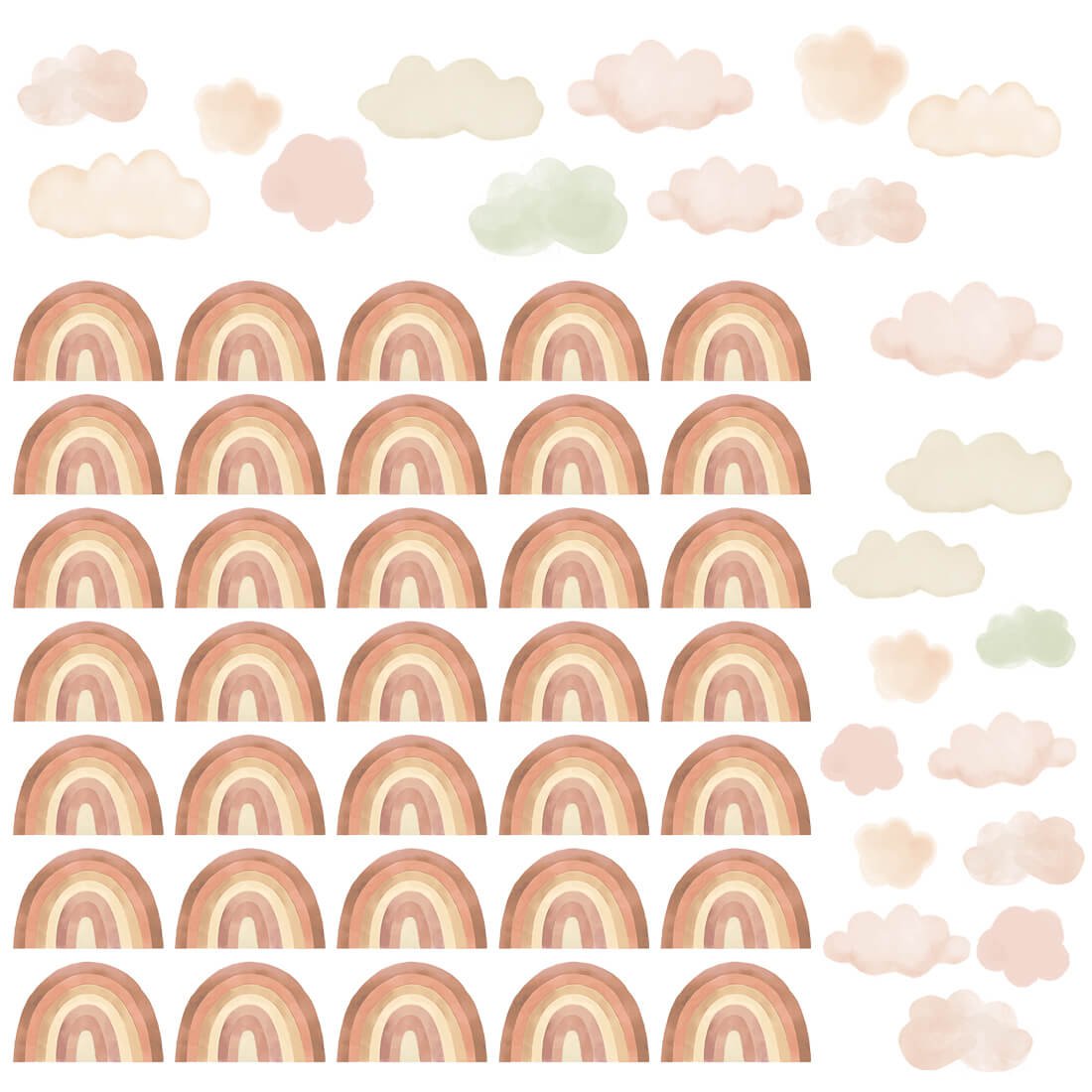 Muurstickers regenboog en wolken in beige pasteltinten voor kinderkamer en babykamer.