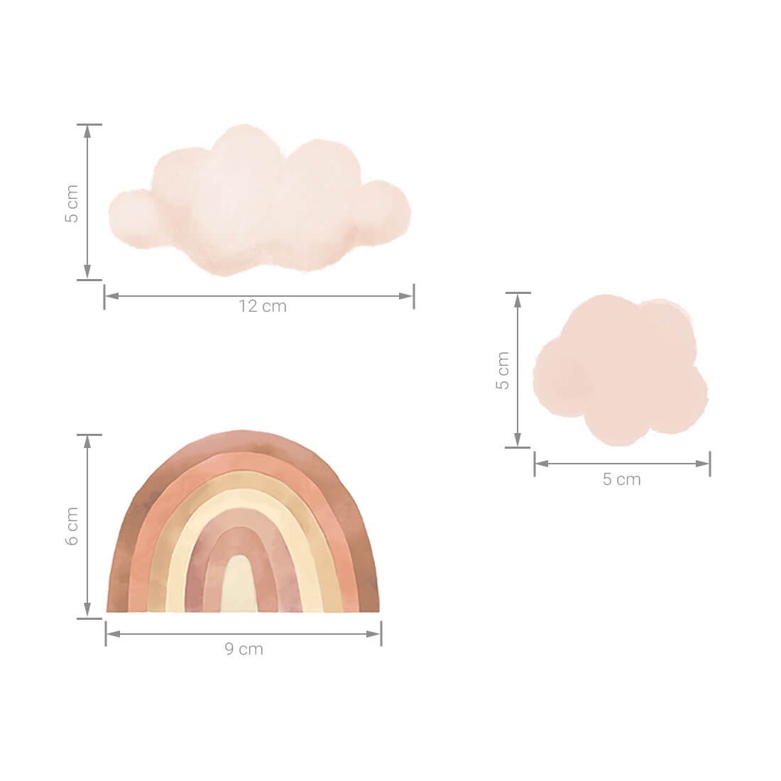 Muurstickers regenboog en wolken in beige pasteltinten voor kinderkamer en babykamer.