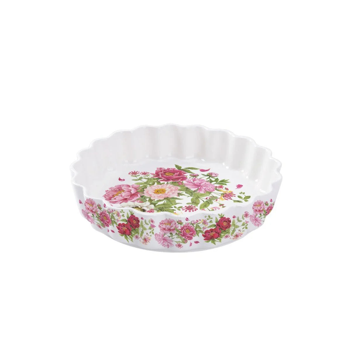 Ronde keramische ovenschaal (diameter 24,5 cm) met roze pioenroos bloemenmotief (Peony) voor op de eettafel