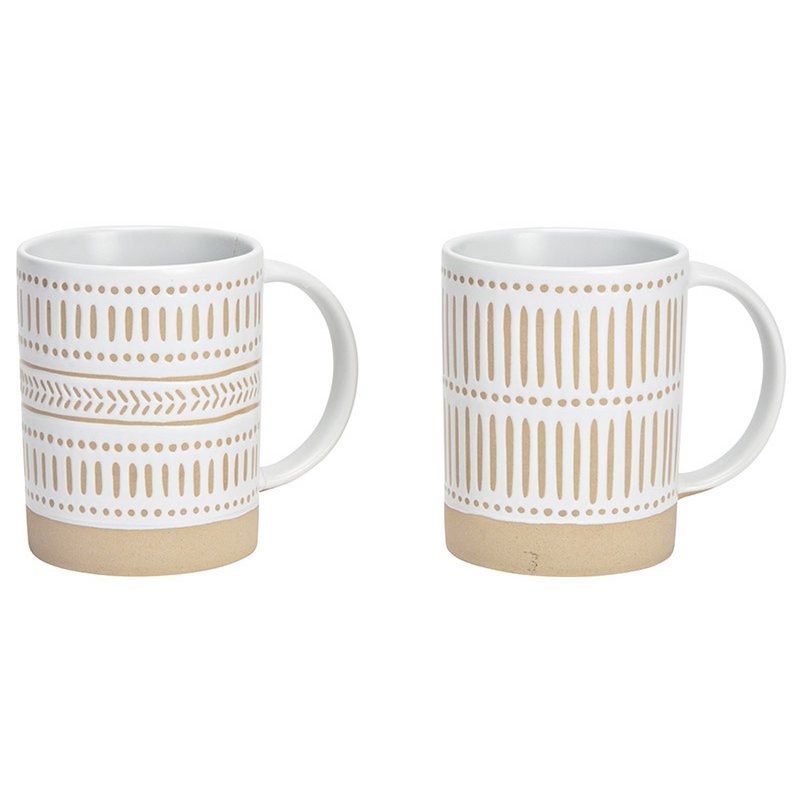 Set van 2 koffiemokken in esthetische Ibiza-stijl, gemaakt van duurzaam keramiek, in wit-beige zandkleur met geometrisch patroon, perfect voor koffie en thee.
