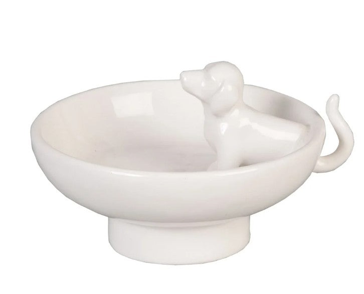 Wit keramieken sieradenschaaltje Clayre & Eef met hondje, sieradenbakje voor ringen en oorbellen.