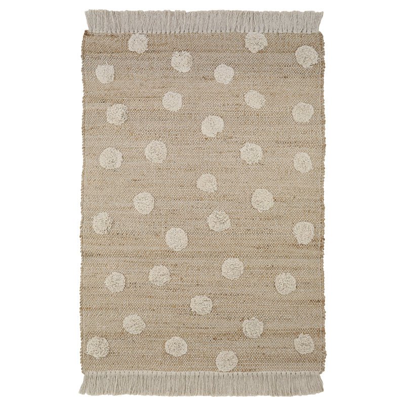 Gevlochten vloerkleed van jute met katoenen stippen en franjes – ideaal voor kinderkamer of babykamer