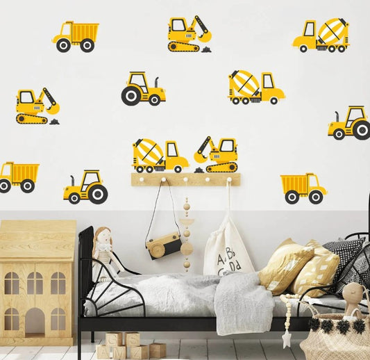 Set van 12 muurstickers met bouwvoertuigen, waaronder graafmachines, tractoren, kiepwagens en betonmixers, voor een stoere kinderkamer.