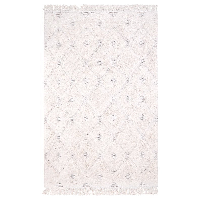 Hoogpolig Homy Bohemian vloerkleed in witte en beige tinten, perfect voor kinderkamers, slaapkamers en bohemian interieurs.