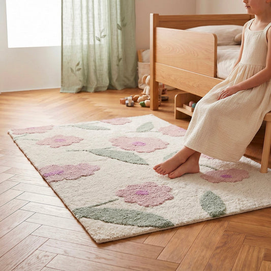 Sfeerafbeelding van het lila Sunny Flowers vloerkleed van Nattiot in een kinderkamer met een meisje zittend op een stoel.