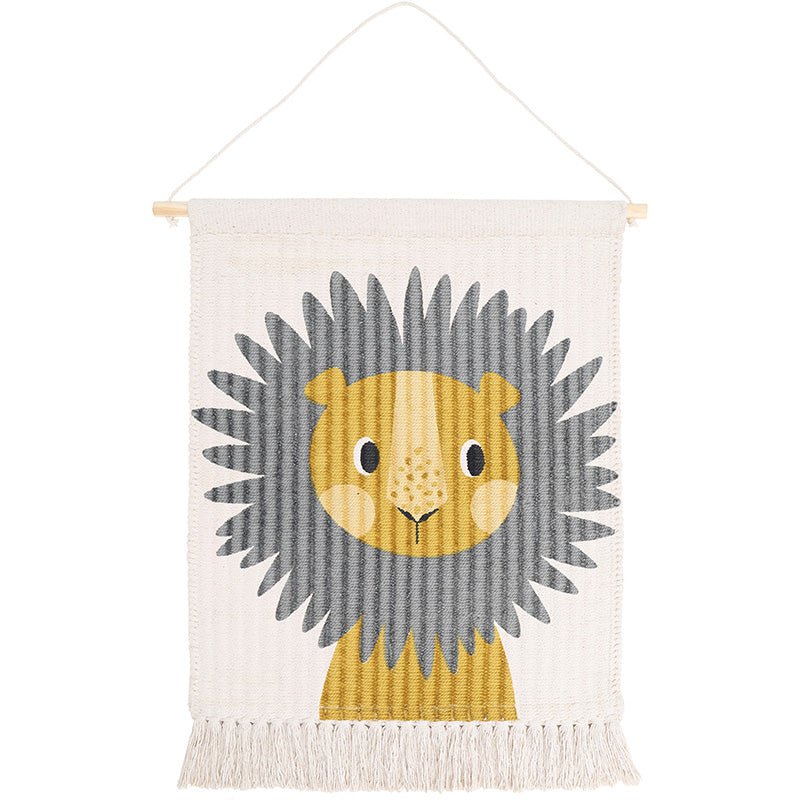 Schattig wandkleed Jaggo Leeuw met grijze manen voor kinderkamer, 50x45 cm, 100% katoen