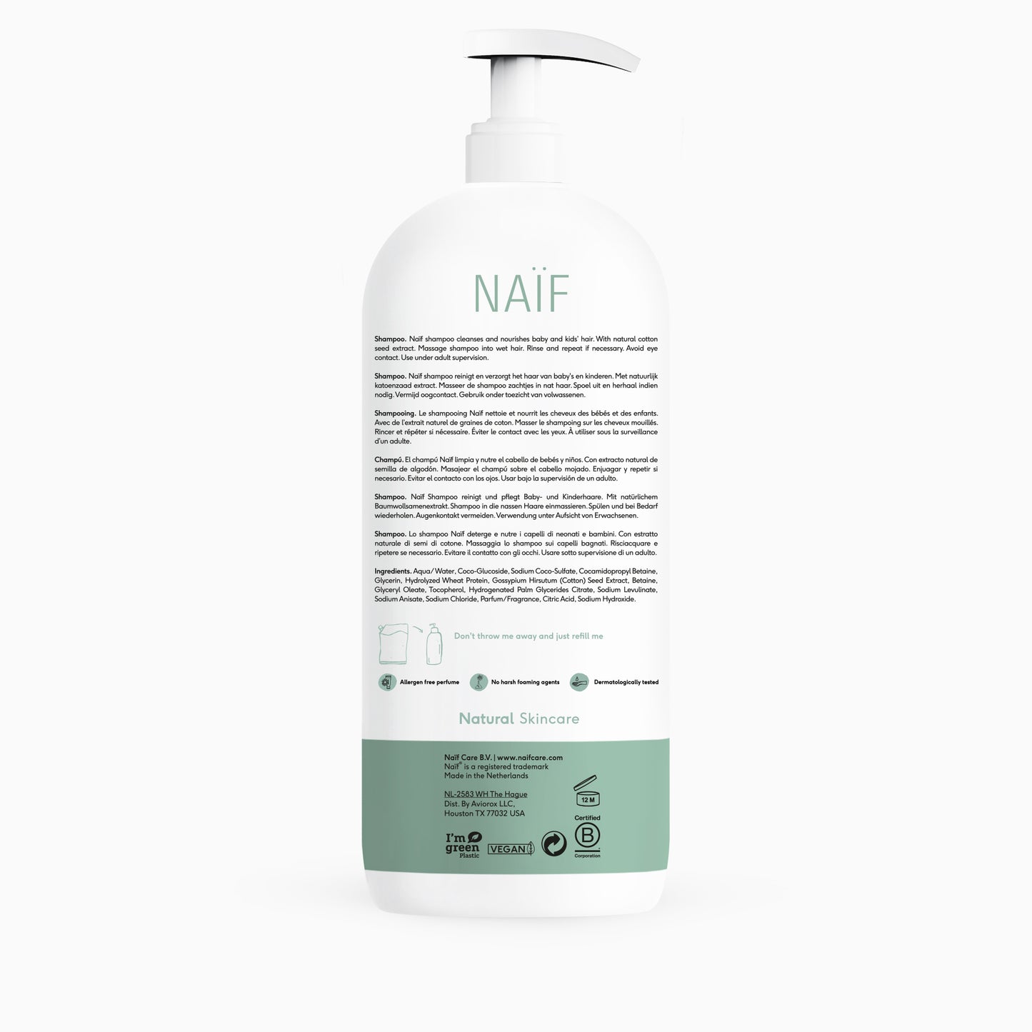 Naïf Reinigende Wasgel voor Baby & Kids 500ml, natuurlijke ingrediënten, katoenzaadolie, plantaardige glycerine, zachte wasgel voor baby's en kinderen