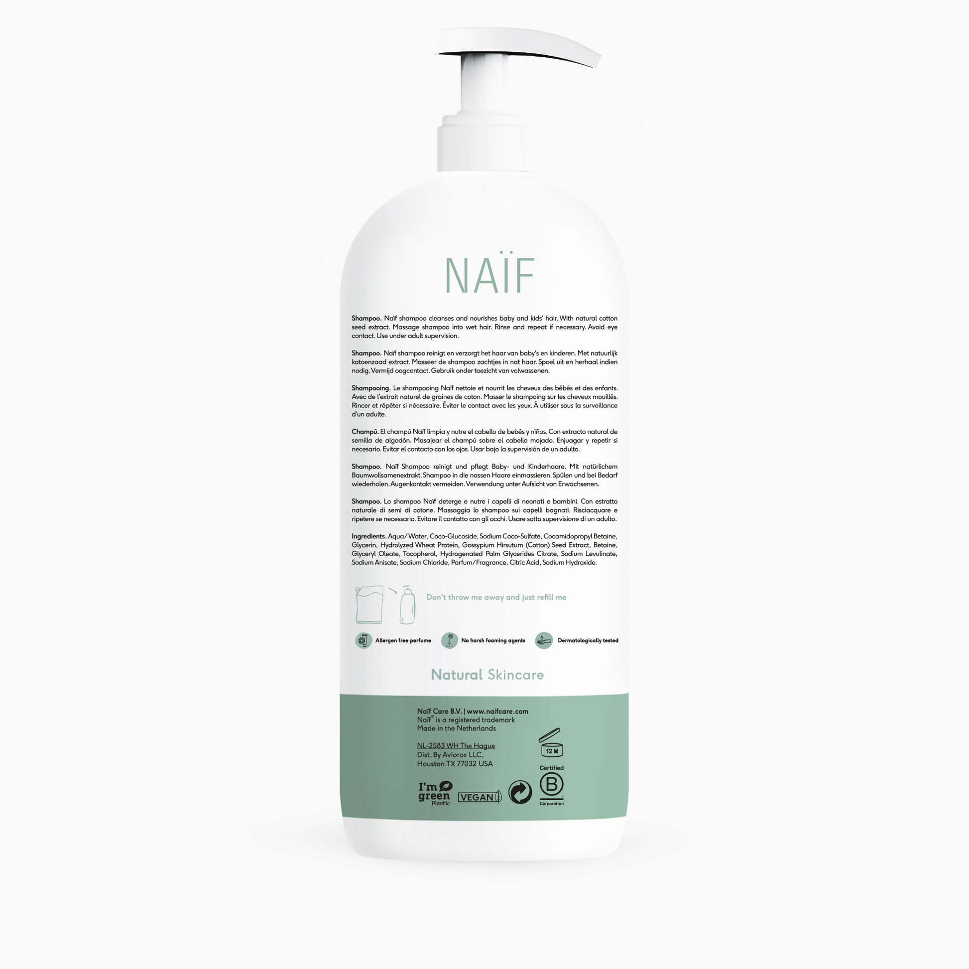 Naïf Reinigende Wasgel voor Baby & Kids 500ml, natuurlijke ingrediënten, katoenzaadolie, plantaardige glycerine, zachte wasgel voor baby's en kinderen