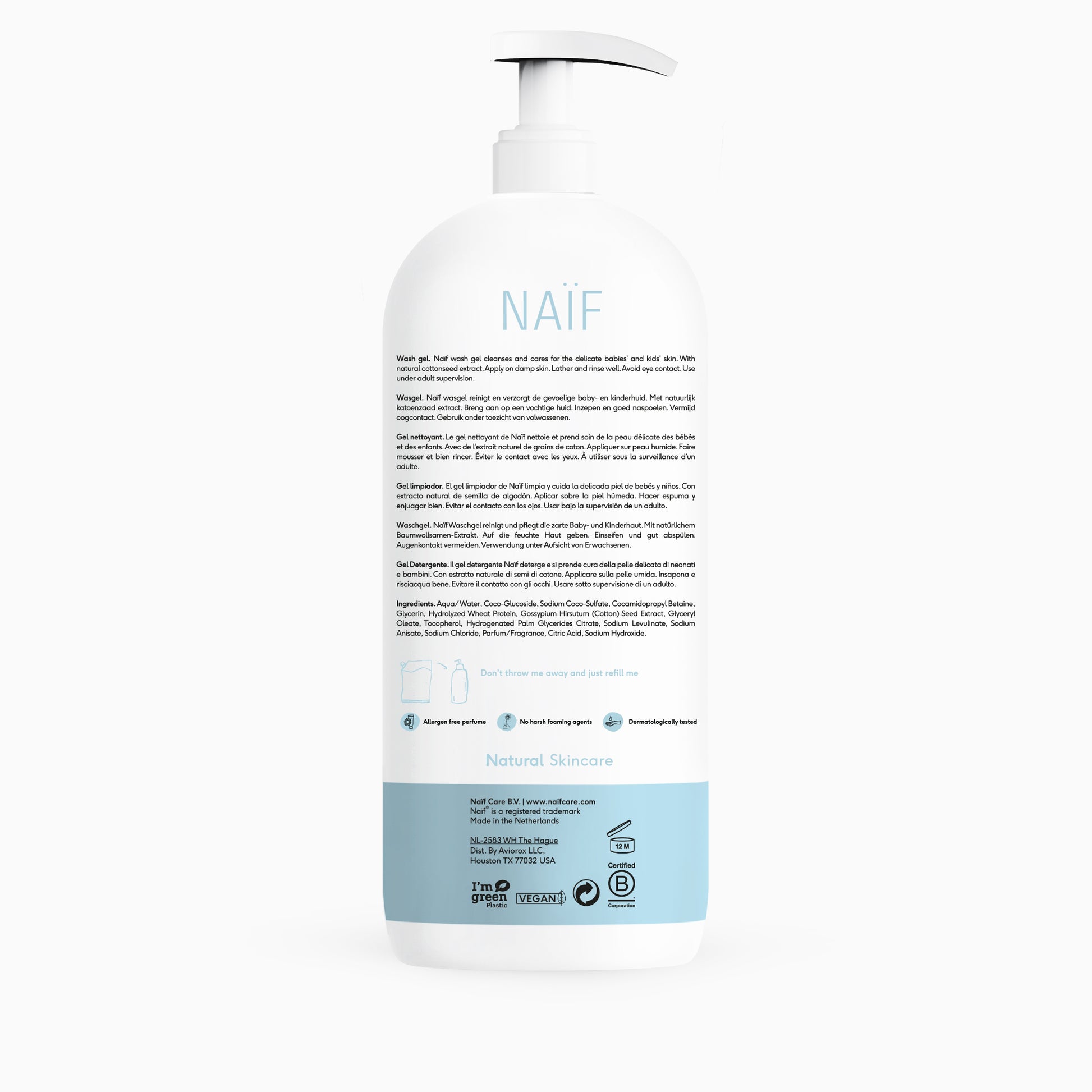 Naïf Reinigende Wasgel voor Baby & Kids 500ml, natuurlijke ingrediënten, katoenzaadolie, plantaardige glycerine, zachte wasgel voor baby's en kinderen