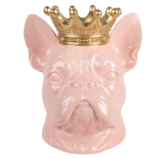 Roze decoratiebeeld Franse bulldog met gouden kroon van Clayre & Eef voor hondenliefhebbers
