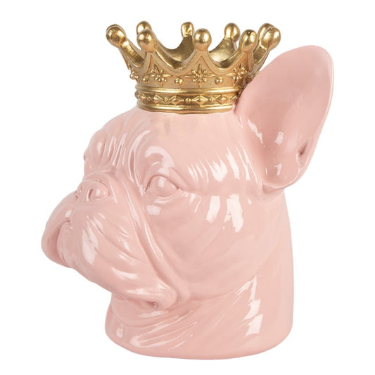 Roze decoratiebeeld Franse bulldog met gouden kroon van Clayre & Eef voor hondenliefhebbers