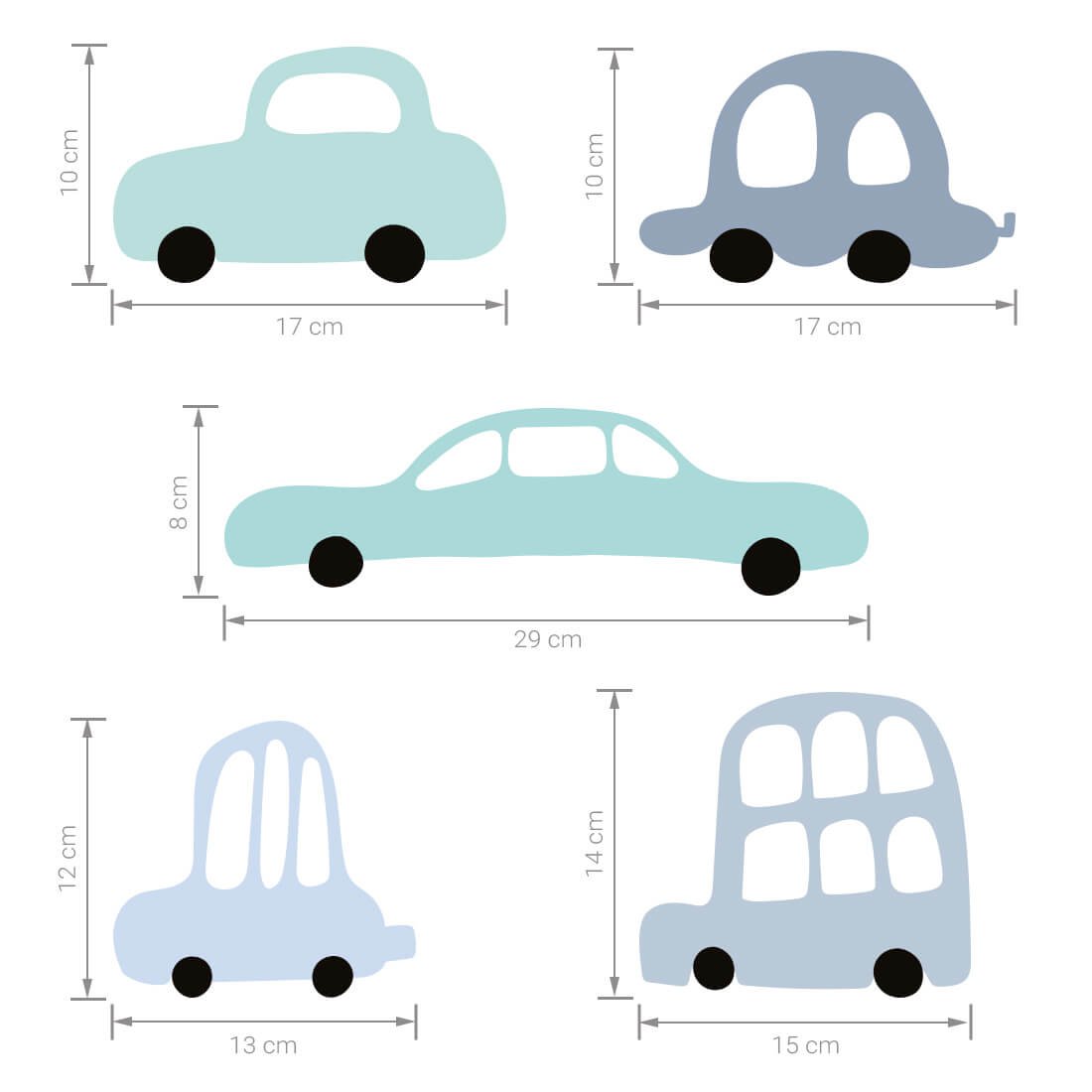 Set van 20 blauwe en mintkleurige muurstickers met auto’s, ideaal als muurdecoratie voor de kinderkamer.