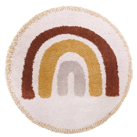 Rond Bohemian Rainbow vloerkleed met regenboogpatroon in wit, beige, rood en geel voor kinderkamer en babykamer.