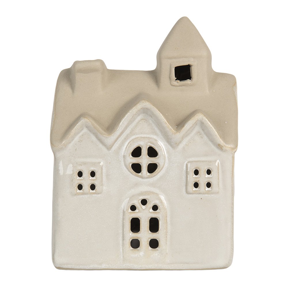 Beige decoratief LED huisje “Kerk” van Clayre & Eef met warm licht – sfeervolle kerstdecoratie voor vensterbank of interieur