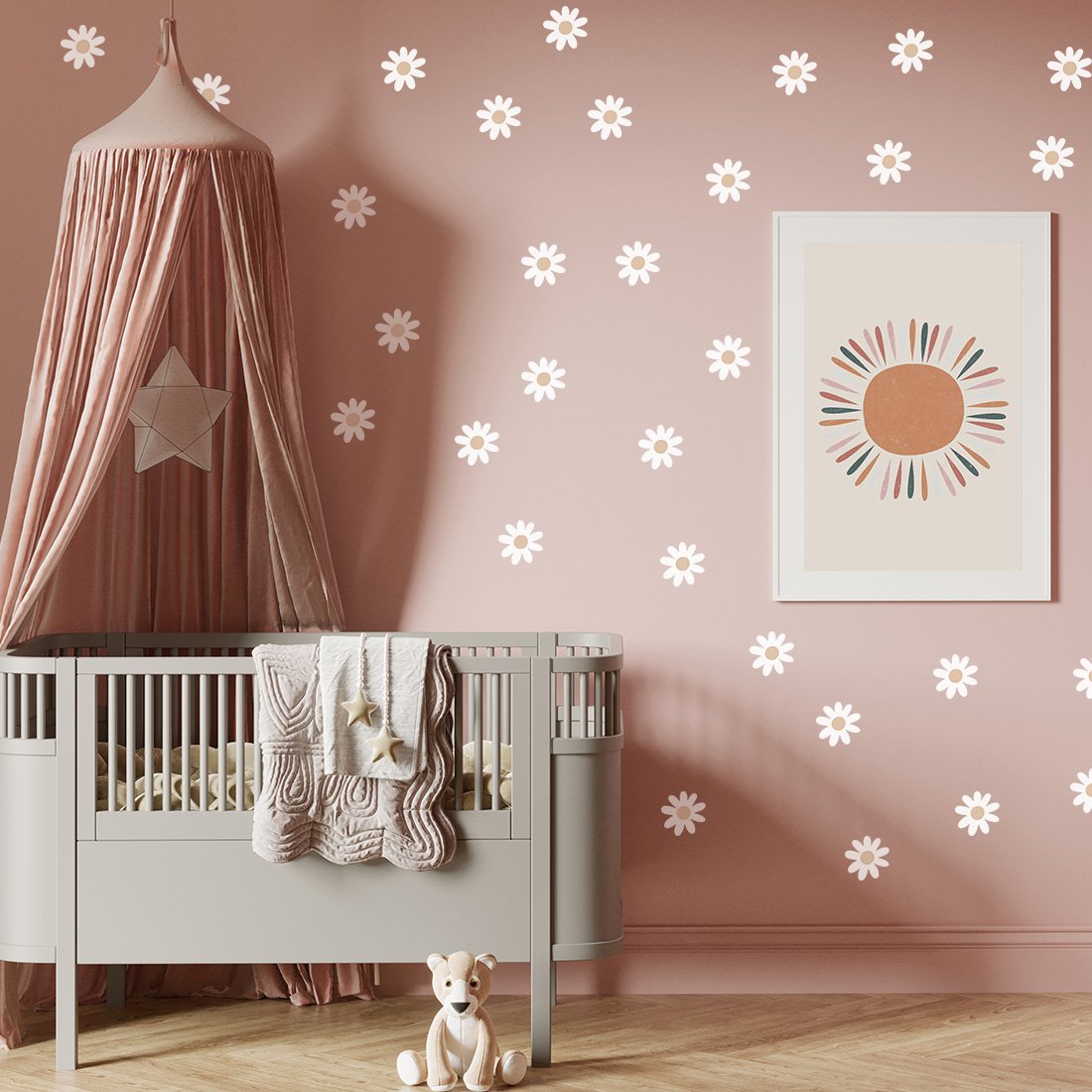 Muurstickers met witte en gele madeliefjes, ideaal voor de kinderkamer, babykamer of meisjeskamer.