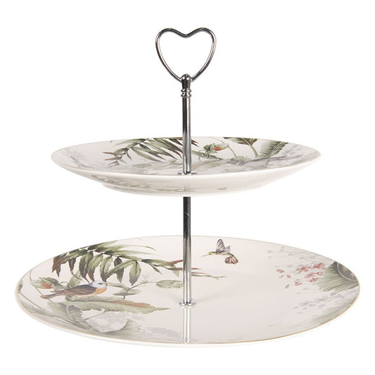 Etagère 2-laags Botanical Birds van Clayre & Eef - porseleinen etagère met bloemen- en vogelpatroon, ideaal voor high tea, cupcakes en hapjes